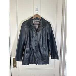 Wilson Leather Button Collared Coat Mens Size XL Black Preppy Biker Warm